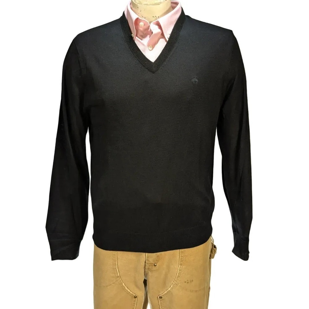 Brooks Brothers Mens Black Merino Wool Blend V-Neck Sweater Sz M NWT $128